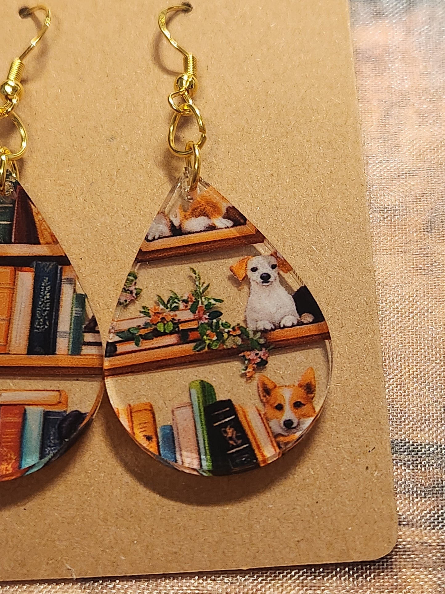 Earrings: Dogs on bookshelf