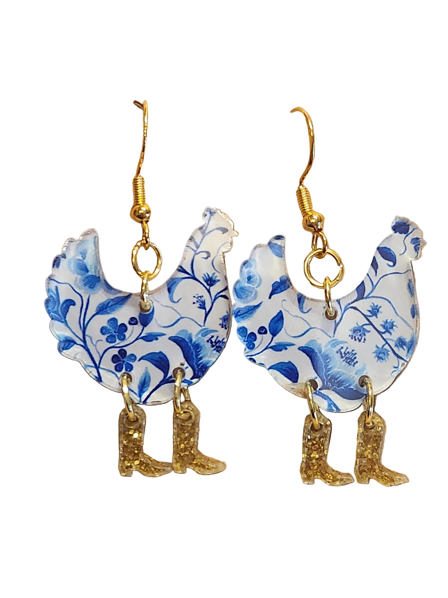 Earrings: Chicken in boots (Blue and white floral)