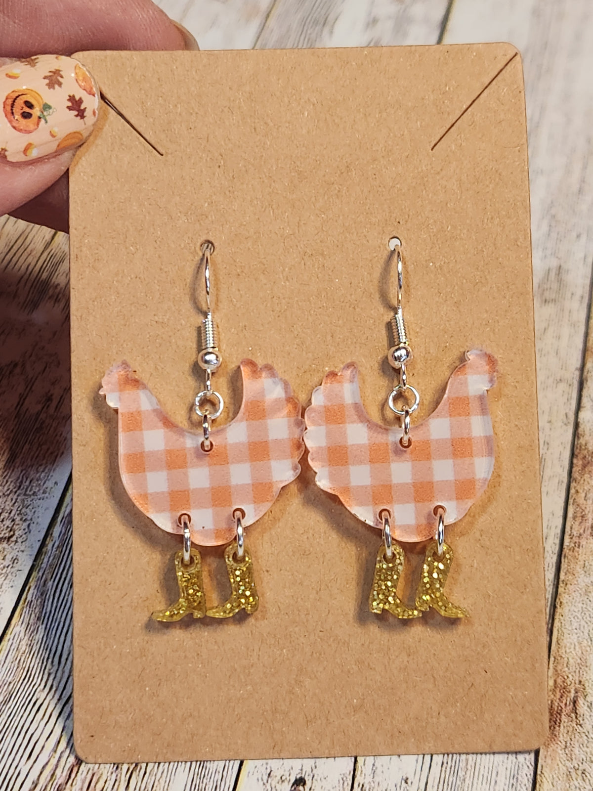 Earrings: Chickens (Orange Gingham)