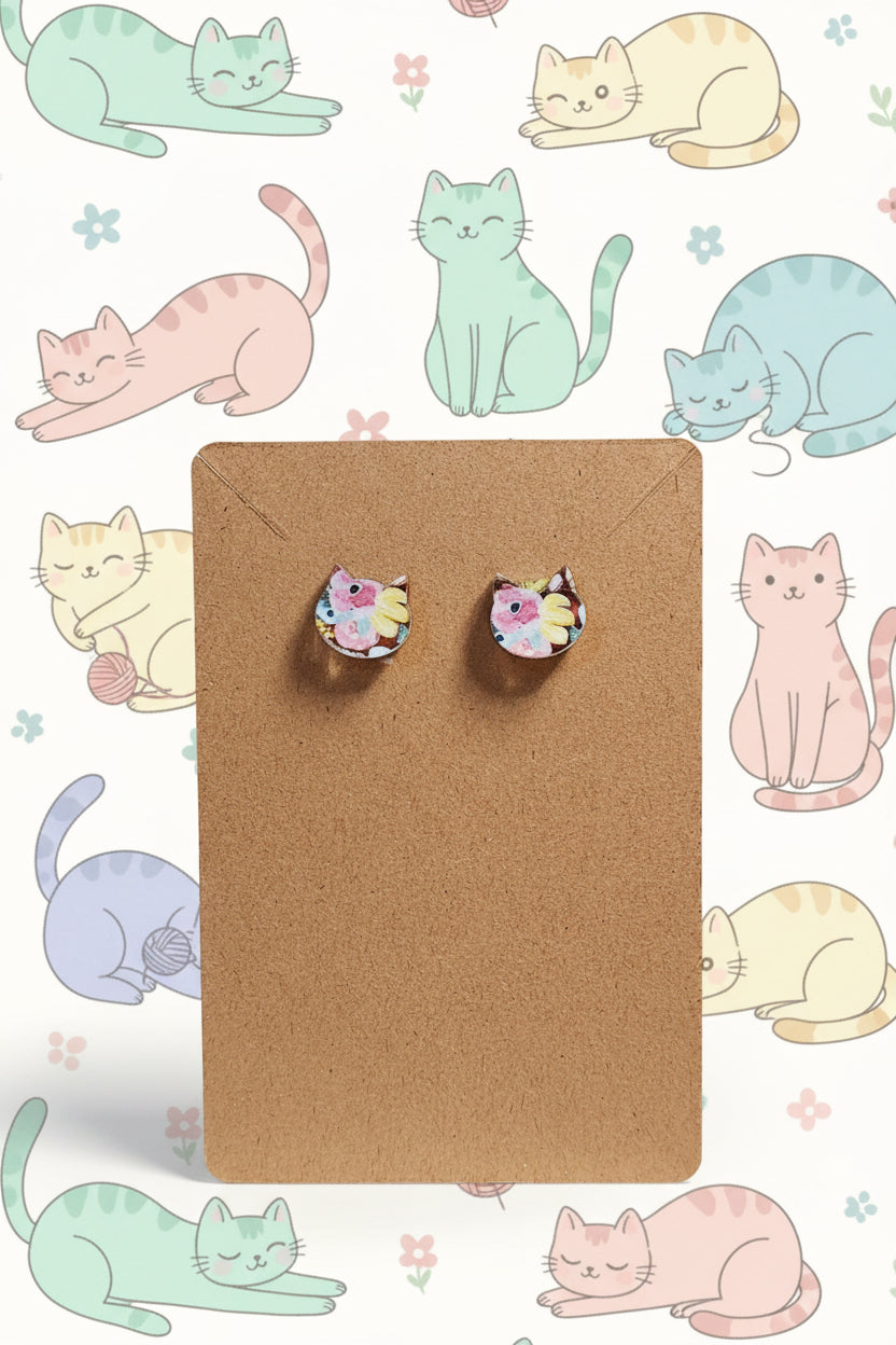 Stud Earrings: Cats (Pink and yellow floral)