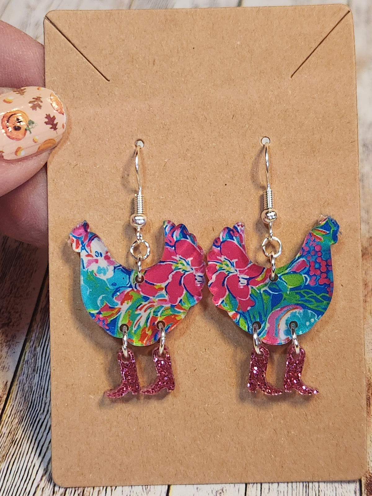 Earrings: Chickens (Pink hibiscus)