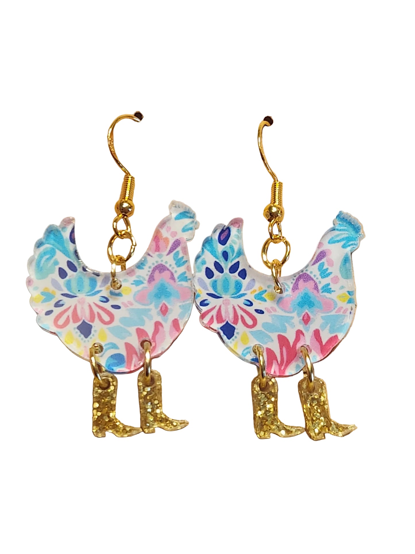Earrings: Chicken with boots (pink, purple, blue)