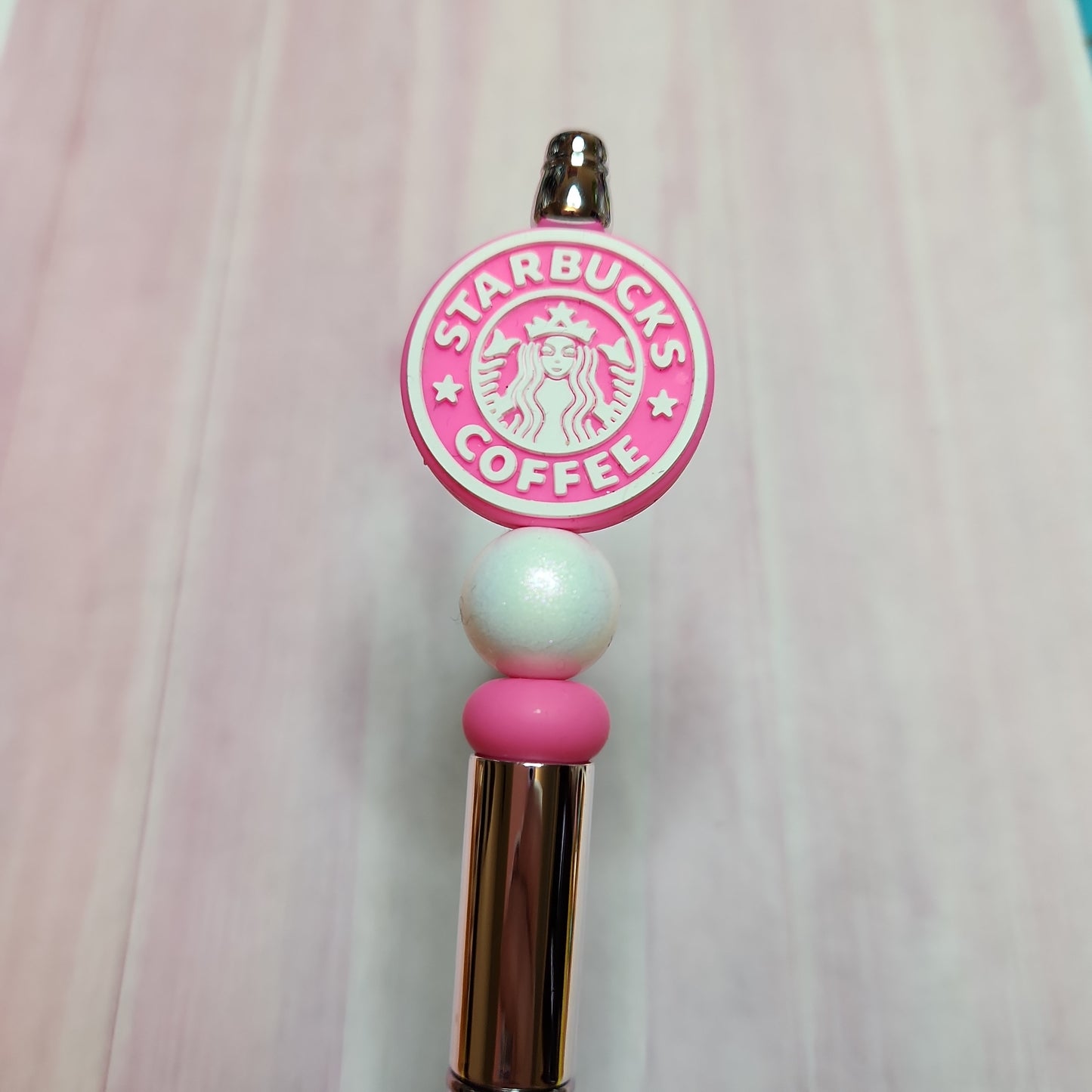 Beaded Pen: Coffee (Pink Lady on shiny silver pen)