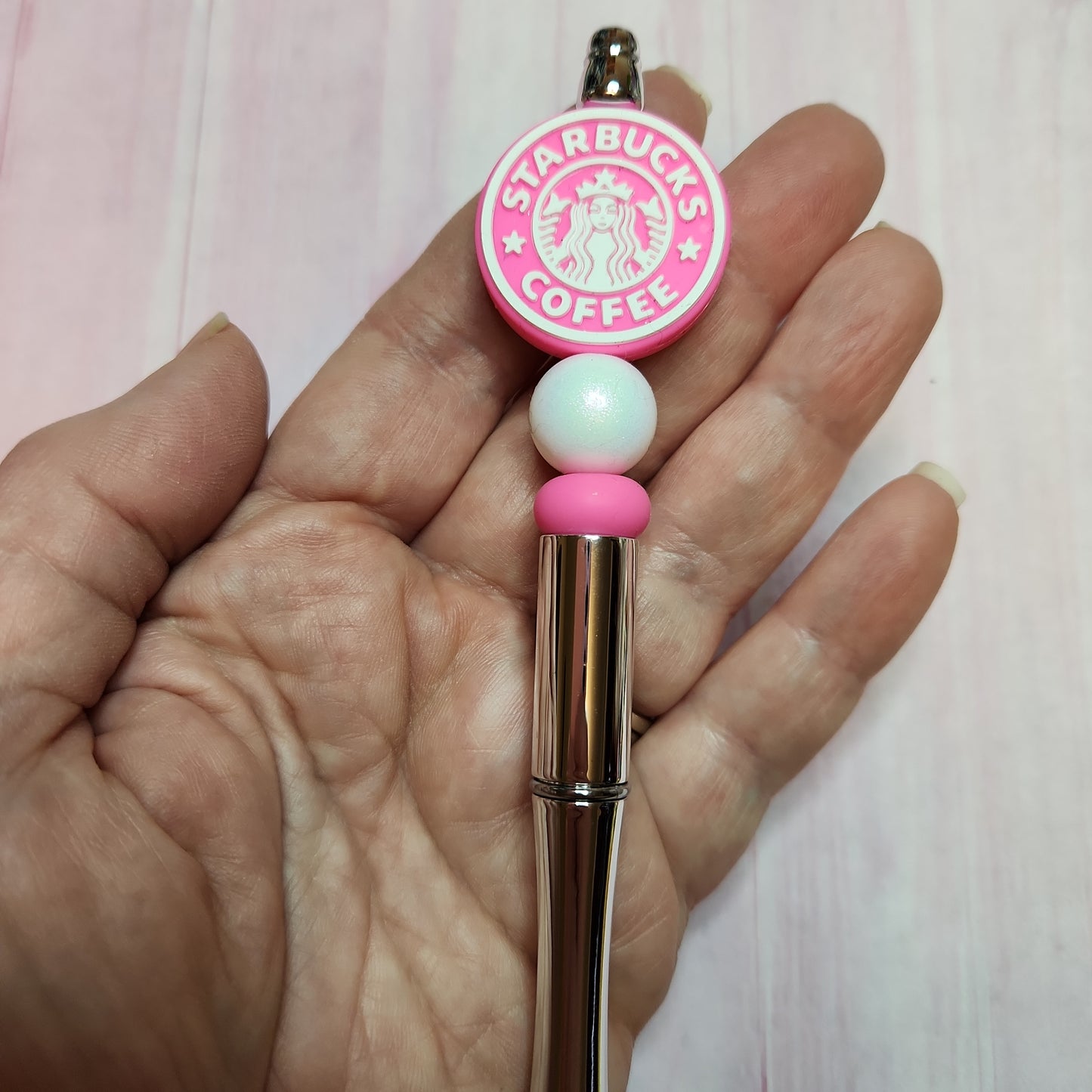 Beaded Pen: Coffee (Pink Lady on shiny silver pen)