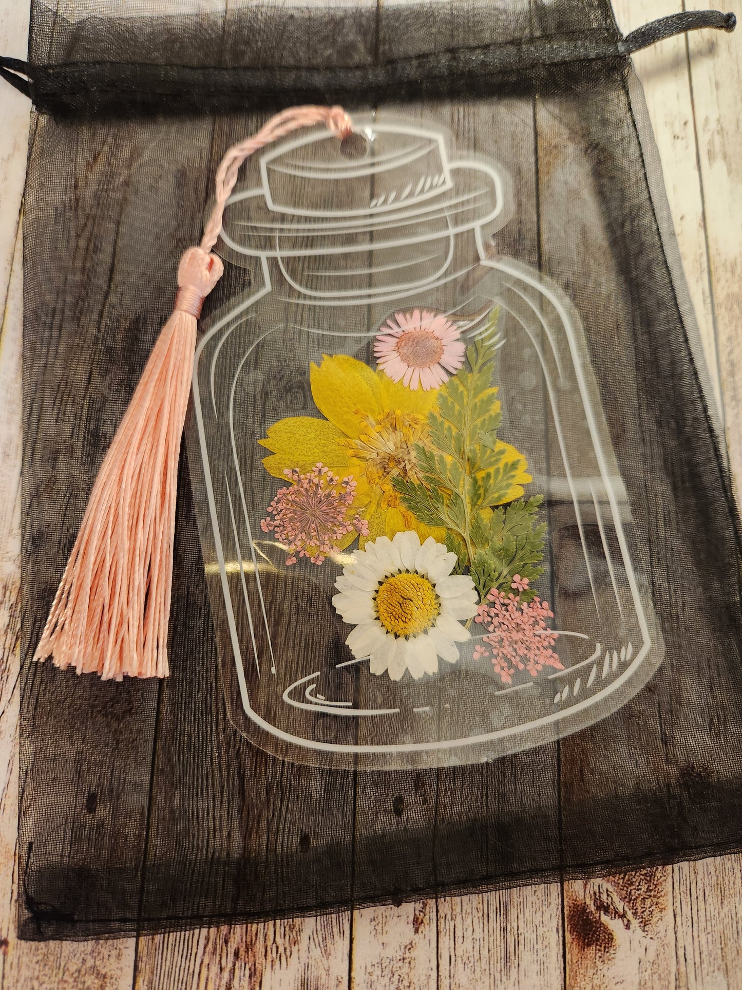 Floral Bookmark: Pink Tassel with yellow, pink, and white flowers