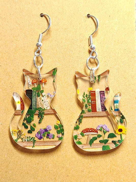 Earrings: Cats (Books, mushrooms, and flowers)