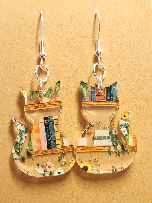 Earrings: Cats (Books and white flowers)