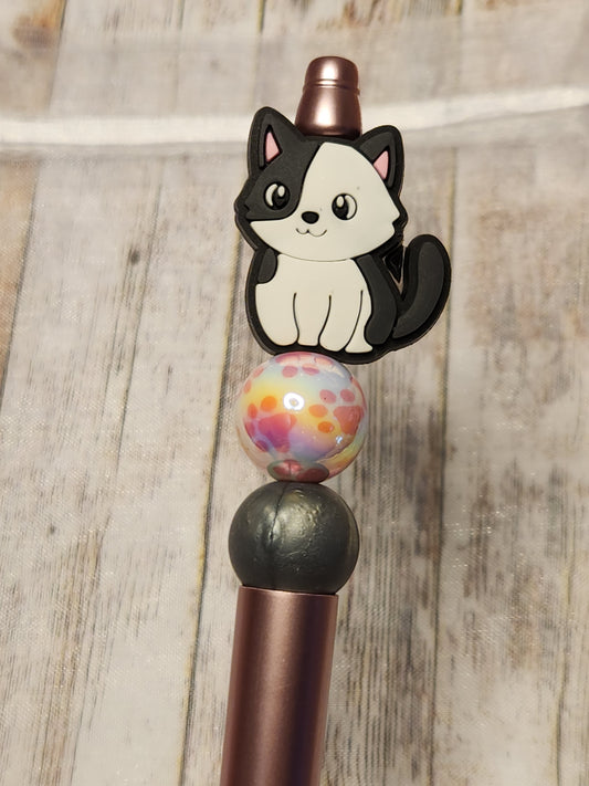 Beaded Pen: Pets (Dark Grey and White Cat, Cat, Cats)