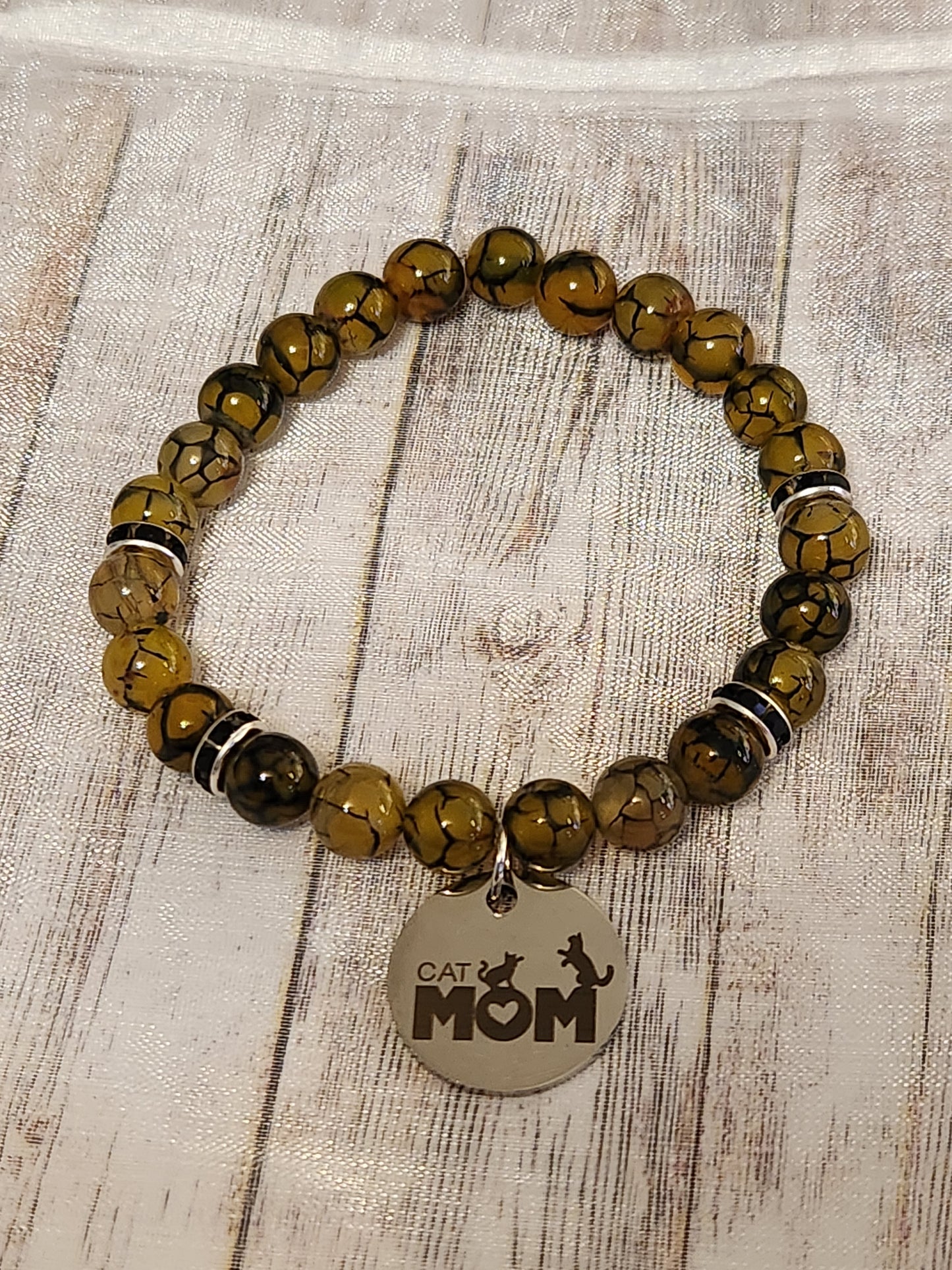 Bracelet: Cat Mom (Cat eye beads, black, and tan)