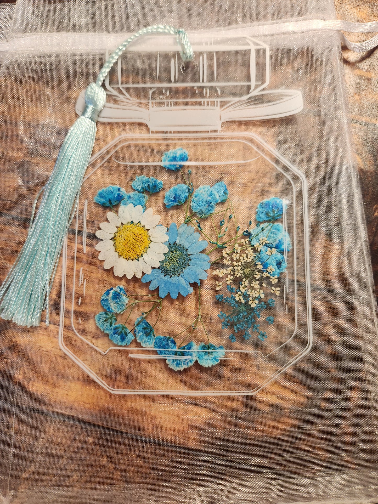 Floral bookmarks: Blue and White Flowers with light blue tassel