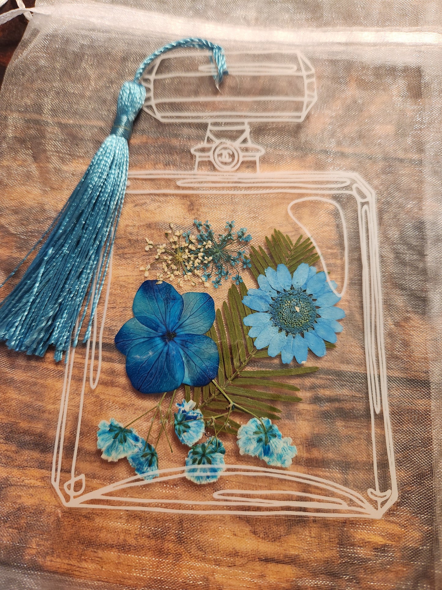 Floral Bookmark: Blue flowers with blue tassel #2