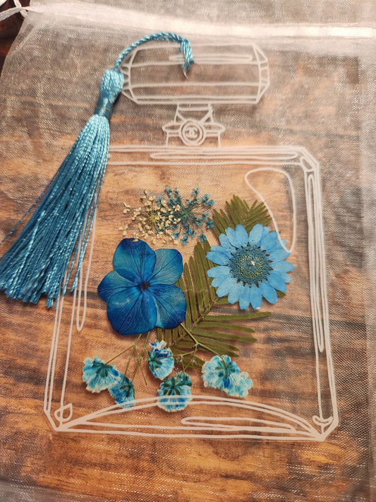 Floral Bookmark: Blue flowers with blue tassel #2