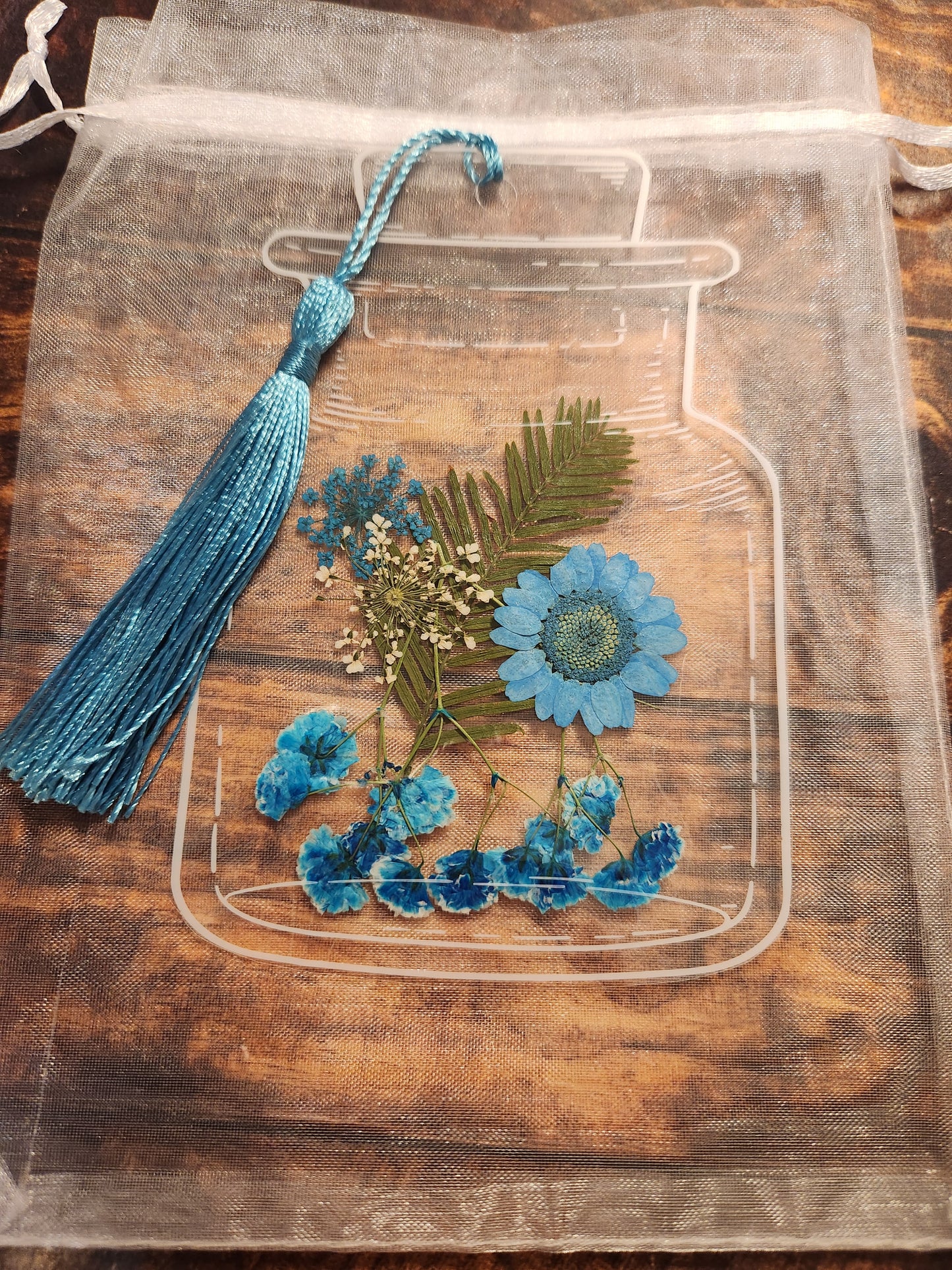 Floral Bookmark: Blue flowers with blue tassel