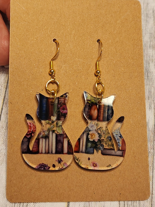 Earrings: Cats (flowers and books)