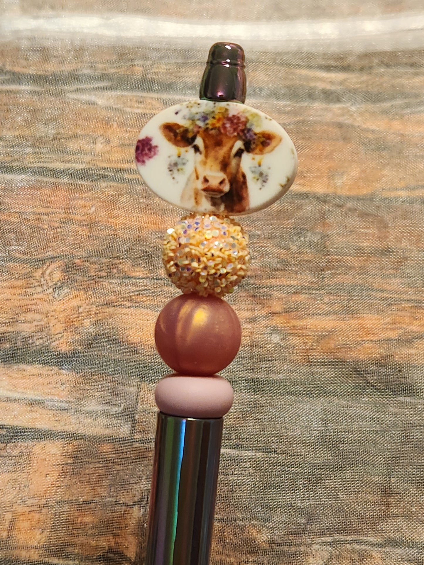 Beaded Pen: Cow (Floral)