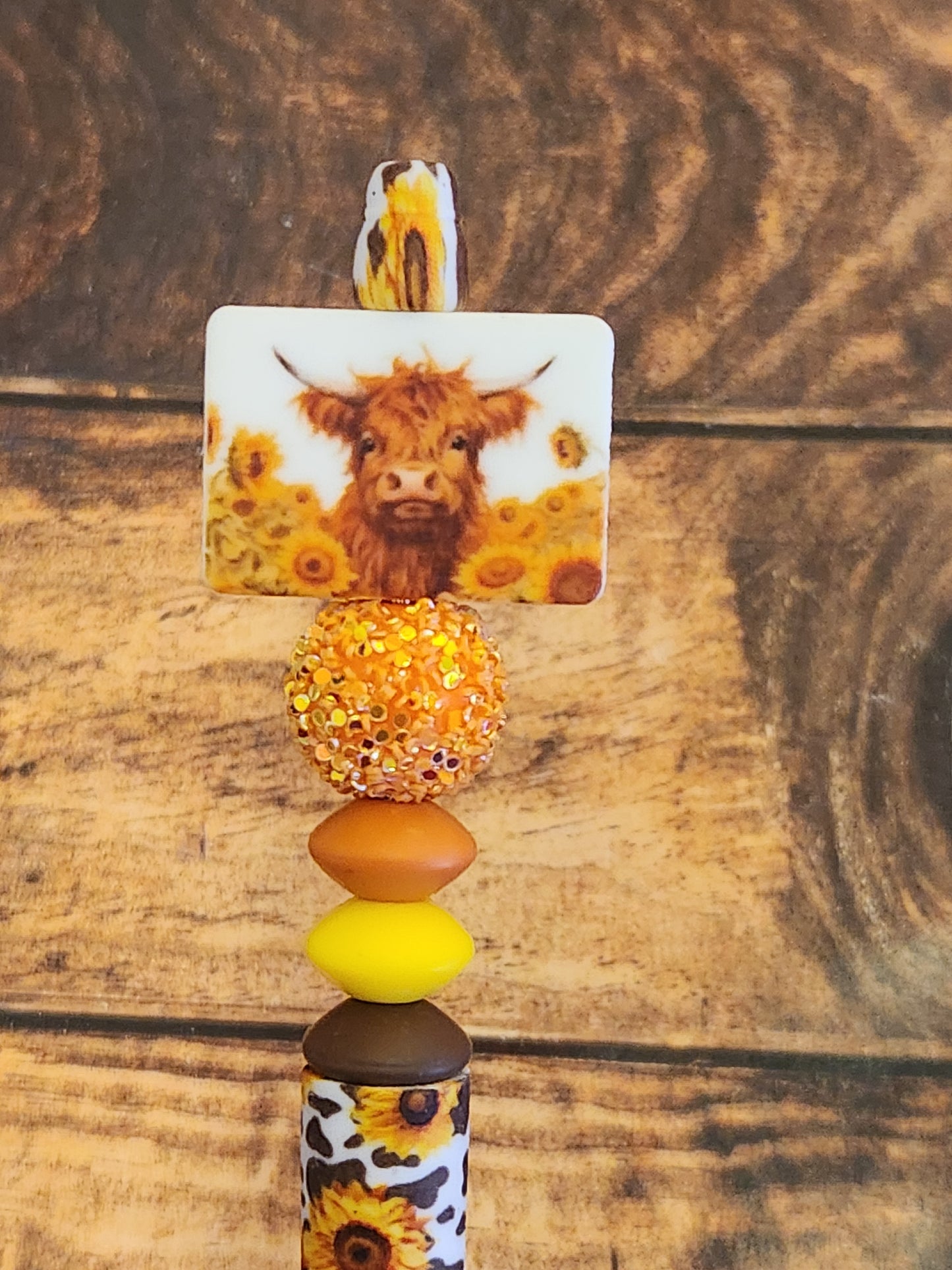 Beaded Pen: Cow (Sunflower, yellow and cow print)