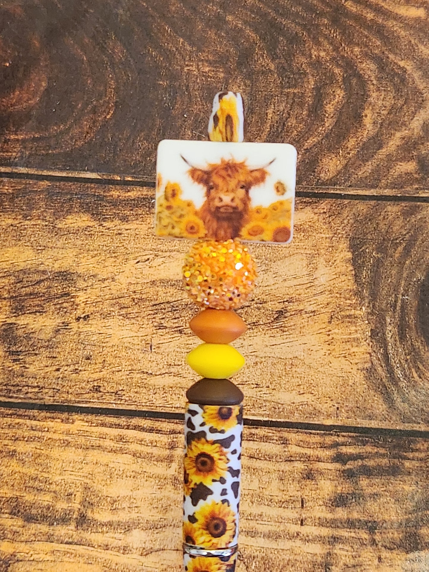 Beaded Pen: Cow (Sunflower, yellow and cow print)