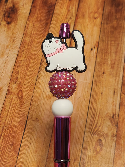 Beaded Pen: Cat (White with pink)