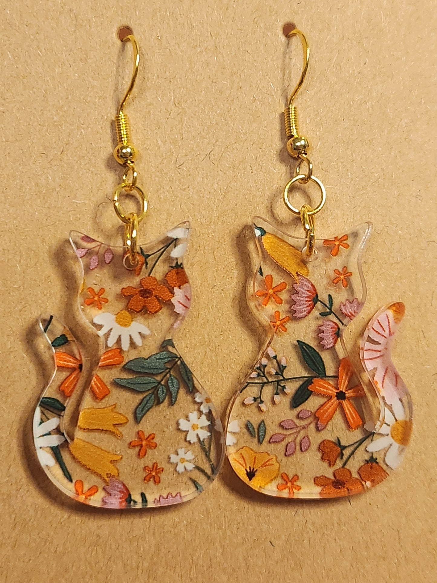 Earrings: Cats (Floral, Orange,  white and green)