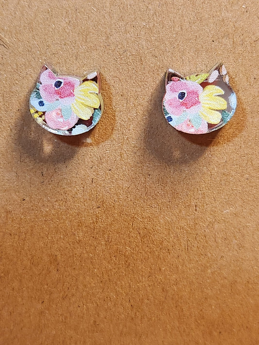 Stud Earrings: Cats (Pink and yellow floral)
