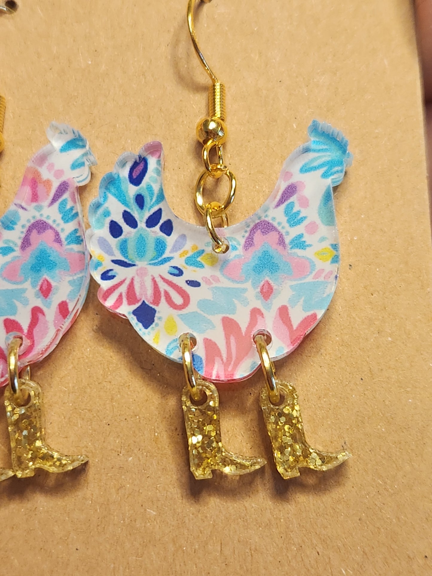 Earrings: Chicken with boots (pink, purple, blue)