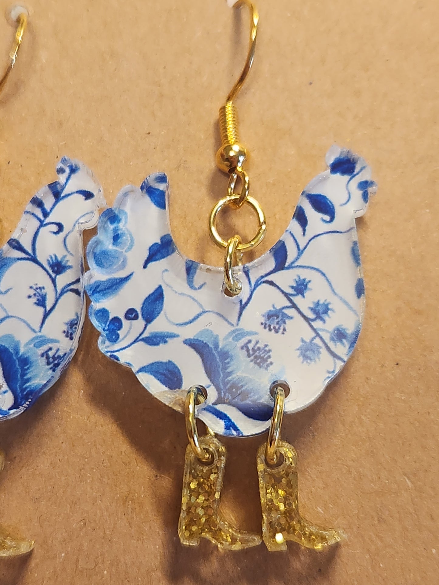Earrings: Chicken in boots (Blue and white floral)