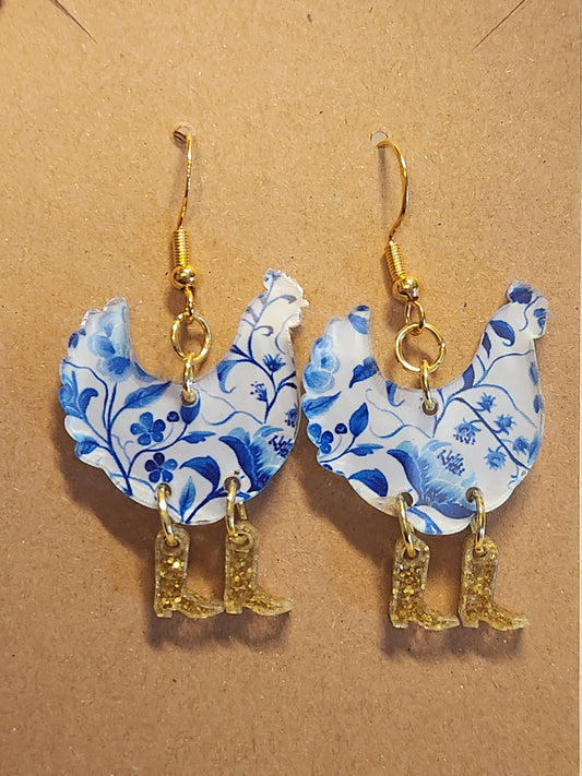 Earrings: Chicken in boots (Blue and white floral)