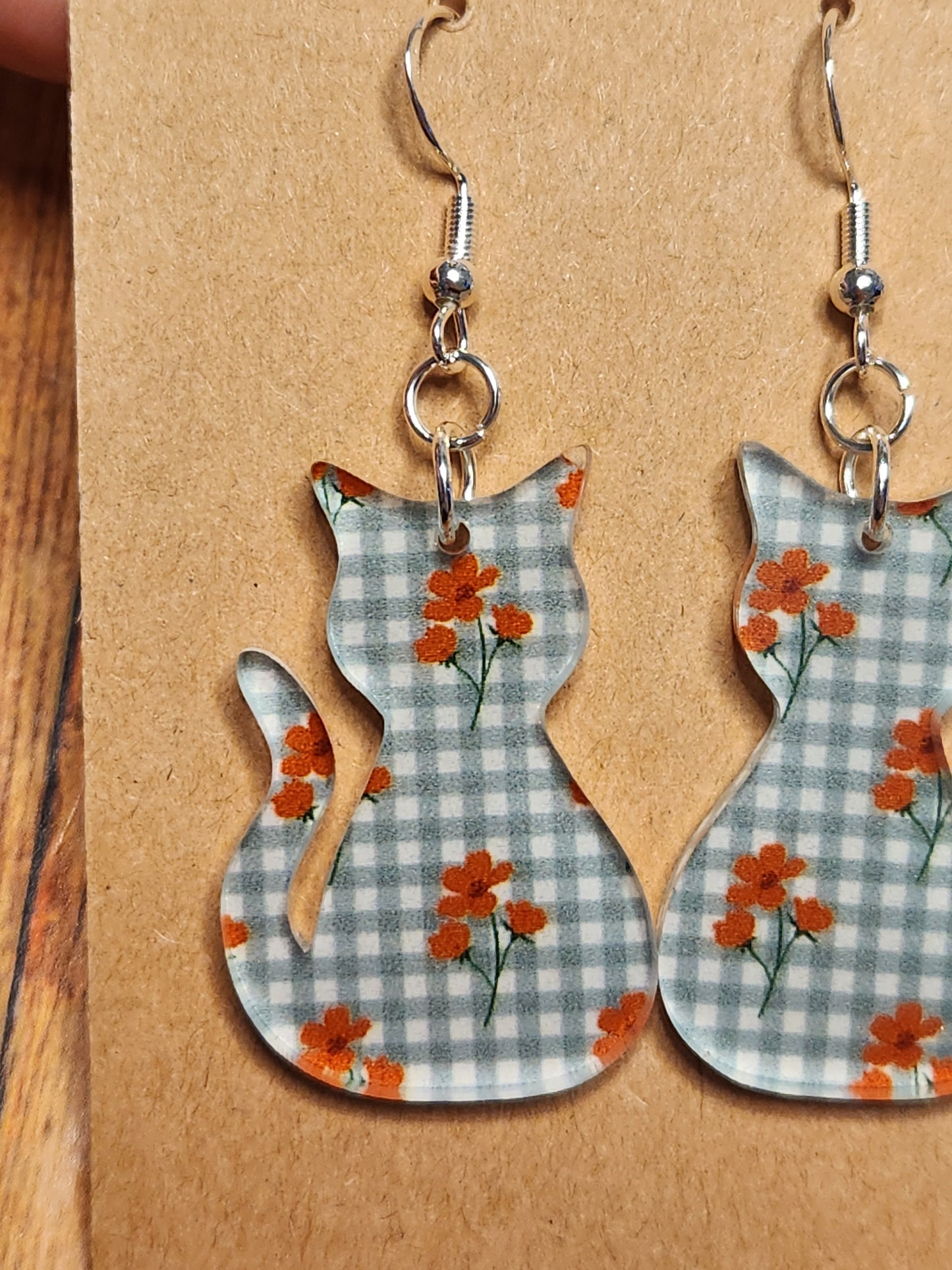 Earrings: Cats (green gingham and flowers)