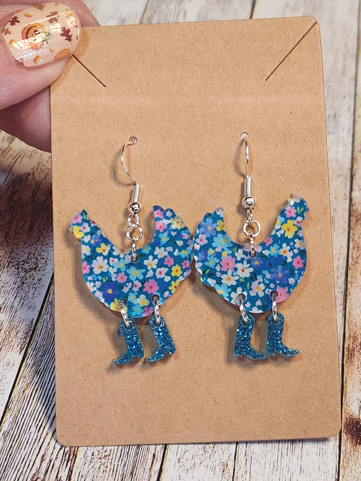 Earrings: Chickens (Blue floral)
