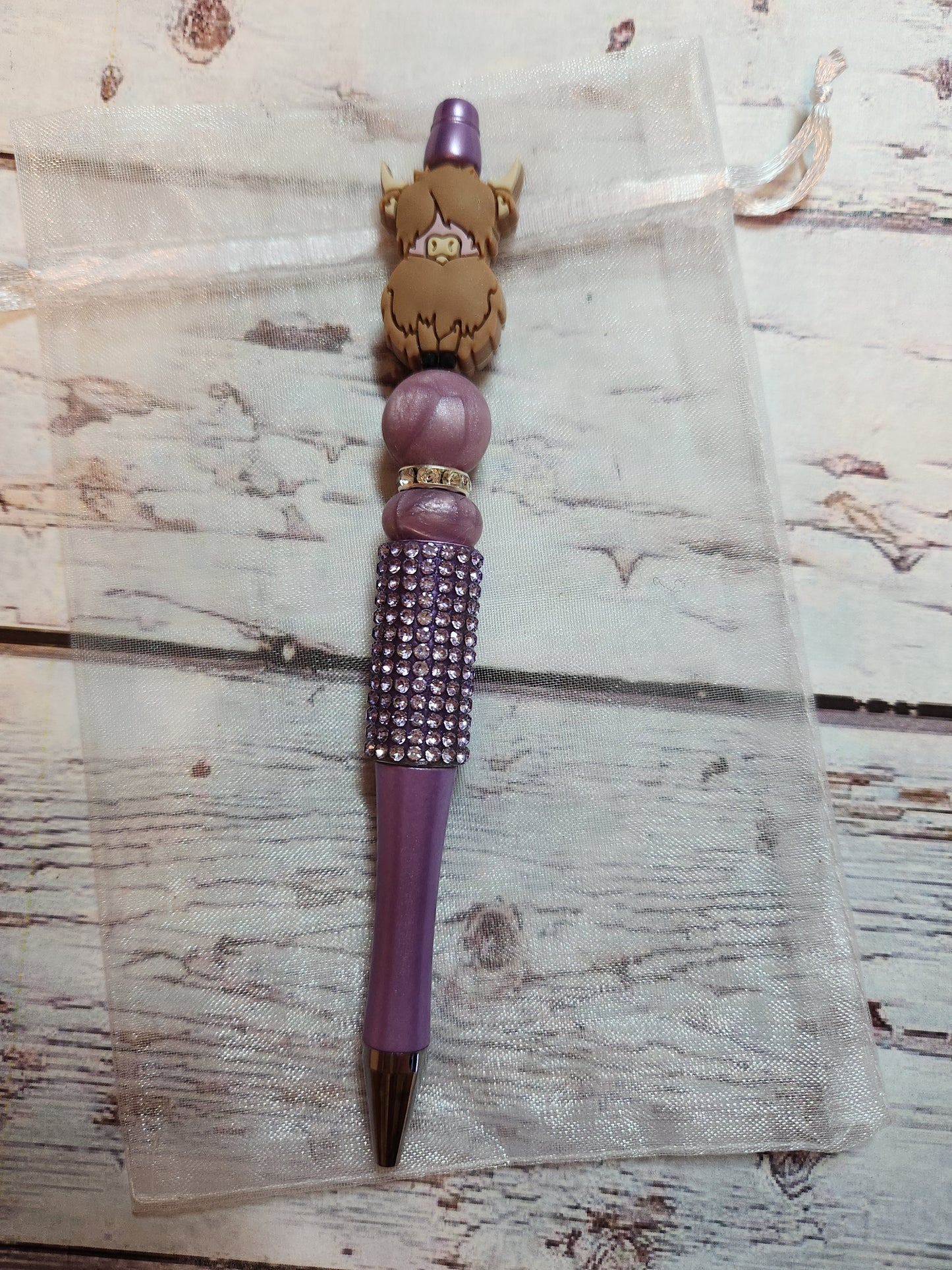 Beaded Pen: Cow (Lavender sparkle)