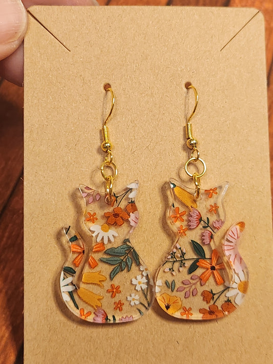 Earrings: Cats (Floral, Orange,  white and green)