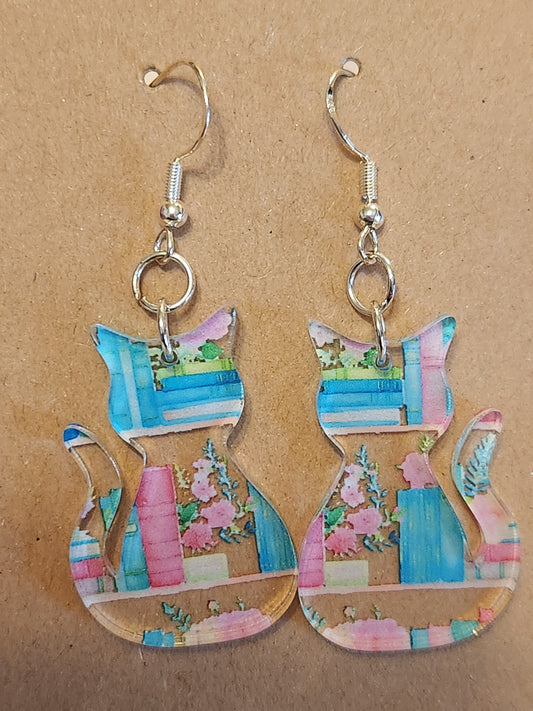 Earrings: Cats (pink and teal, books)
