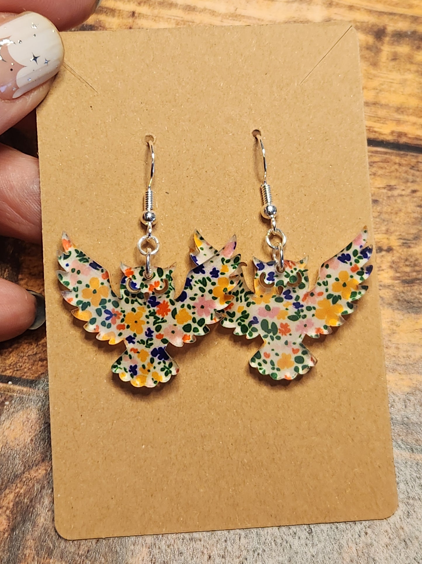 Earrings: Owls (green, yellow and pink floral)