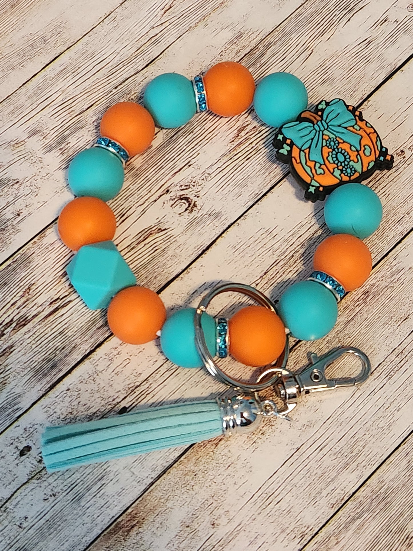 Wristlet Keychain: Fall (teal and orange pumpkin)