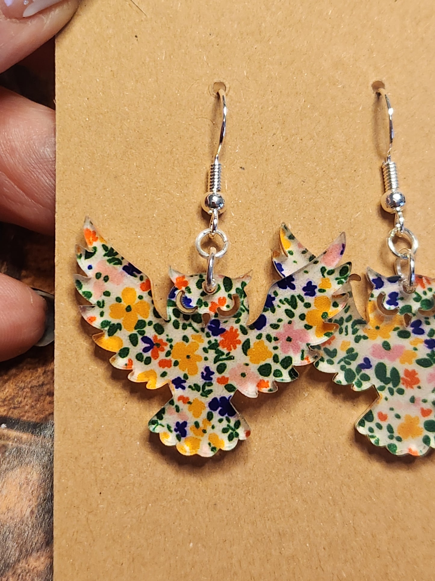 Earrings: Owls (green, yellow and pink floral)