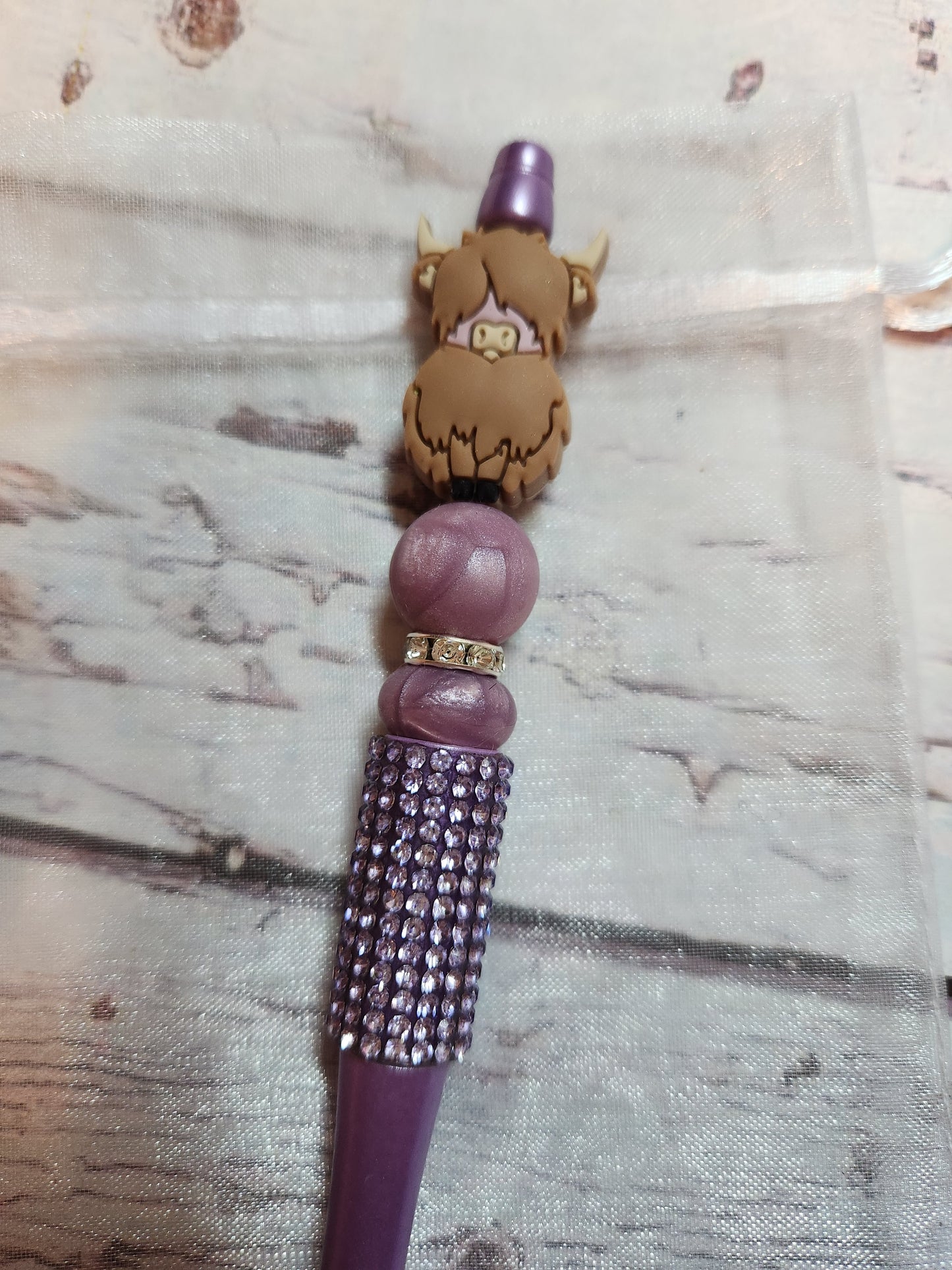 Beaded Pen: Cow (Lavender sparkle)