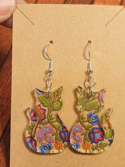 Earrings: Cats (Floral, Pinks, purple, blue and green)