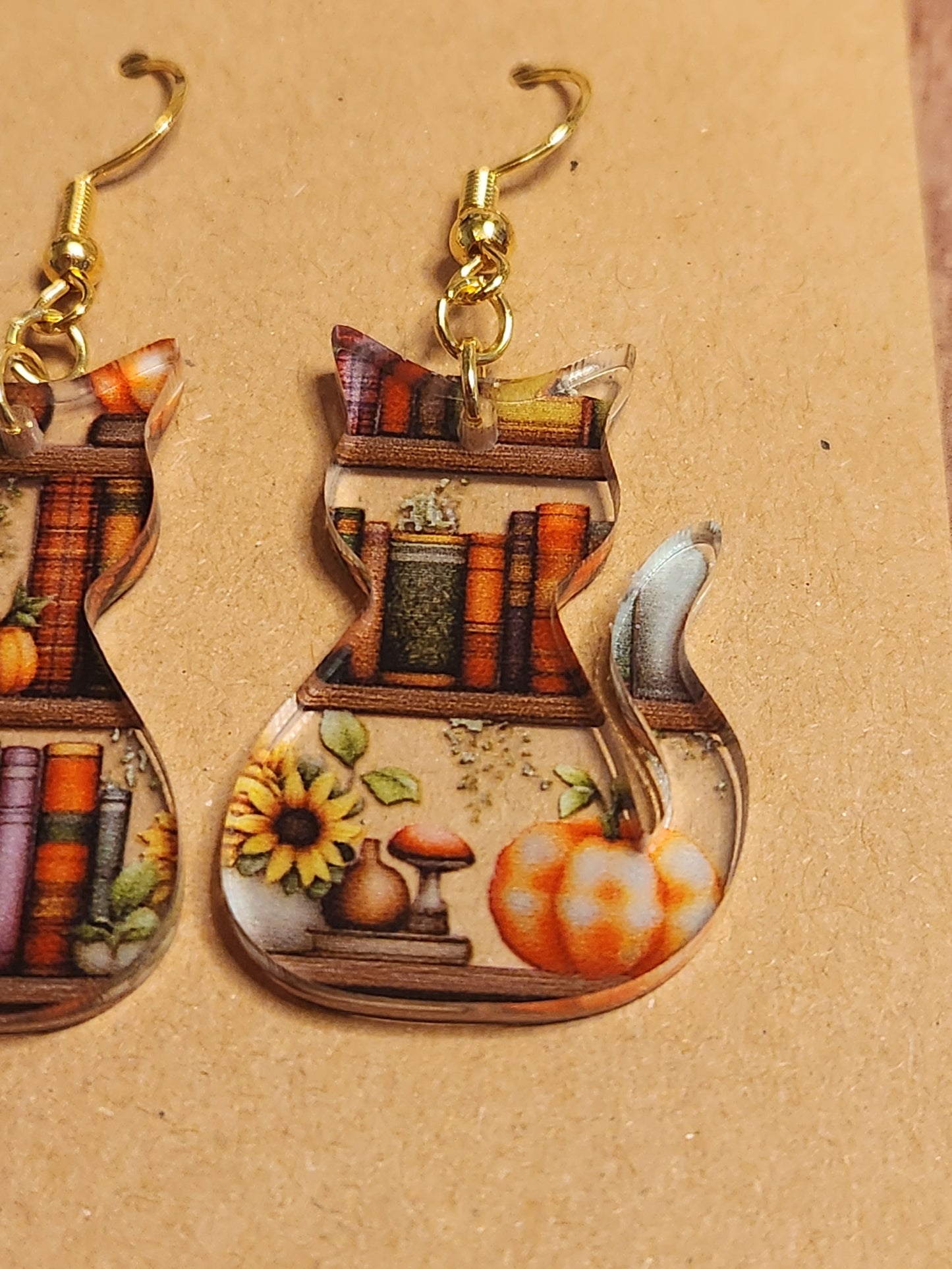 Earrings: Fall (pumpkins on bookshelf, cats)