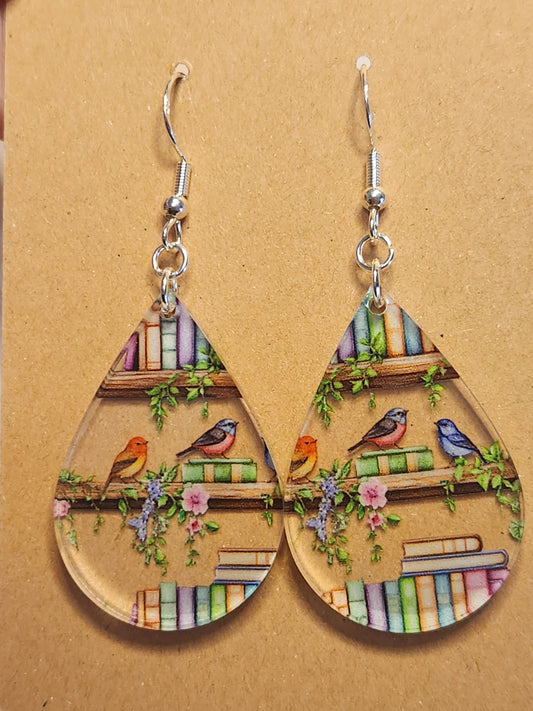 Earrings: Birds (floral, books)