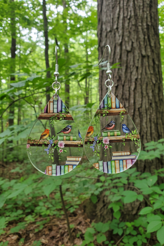 Earrings: Birds (floral, books)