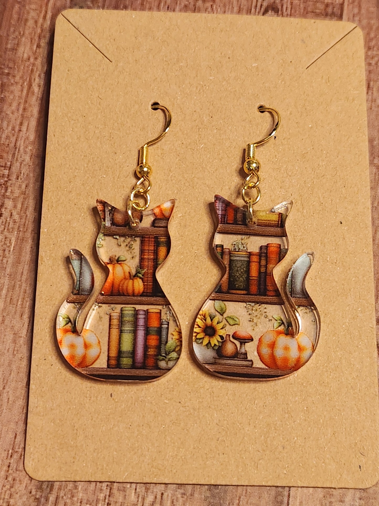 Earrings: Fall (pumpkins on bookshelf, cats)