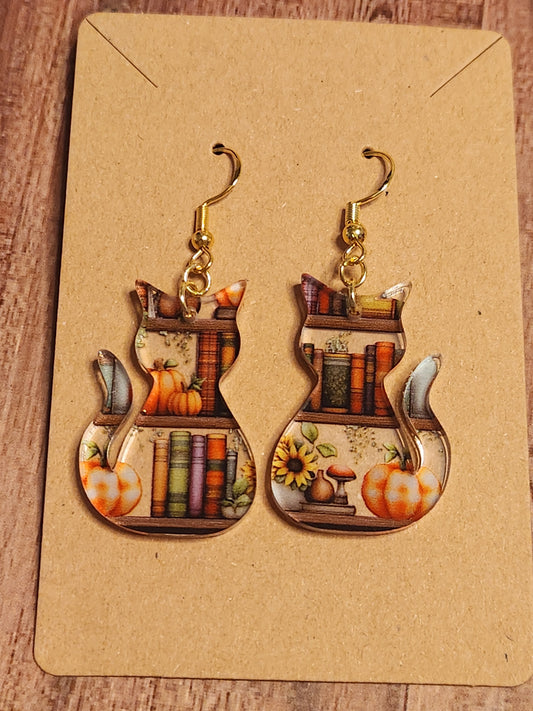 Earrings: Fall (pumpkins on bookshelf, cats)