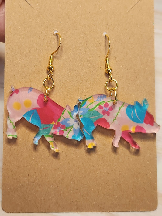 Earrings: Pigs (floral, pink, blue, yellow)