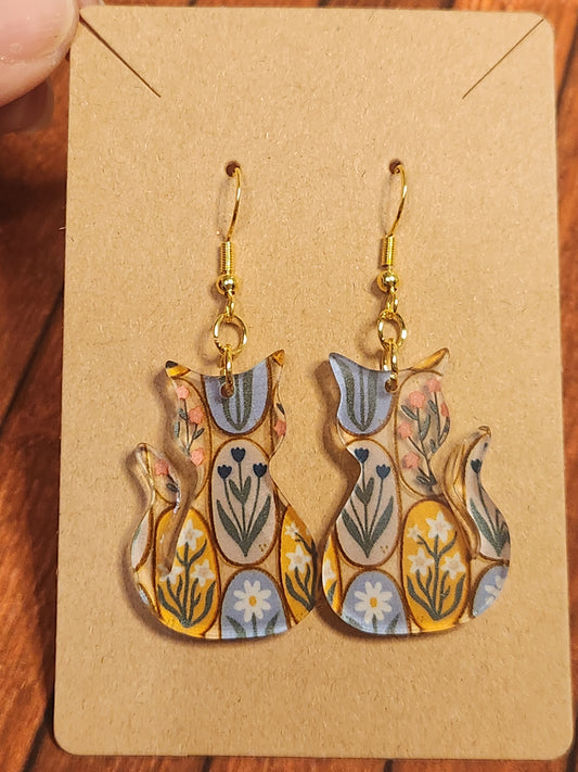 Earrings: Cats (Floral, Pinks, blue and yellow)