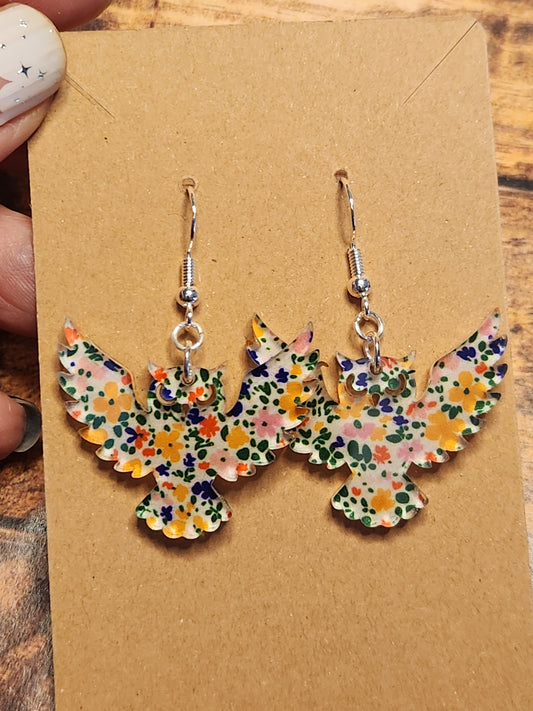 Earrings: Owls (green, yellow and pink floral)