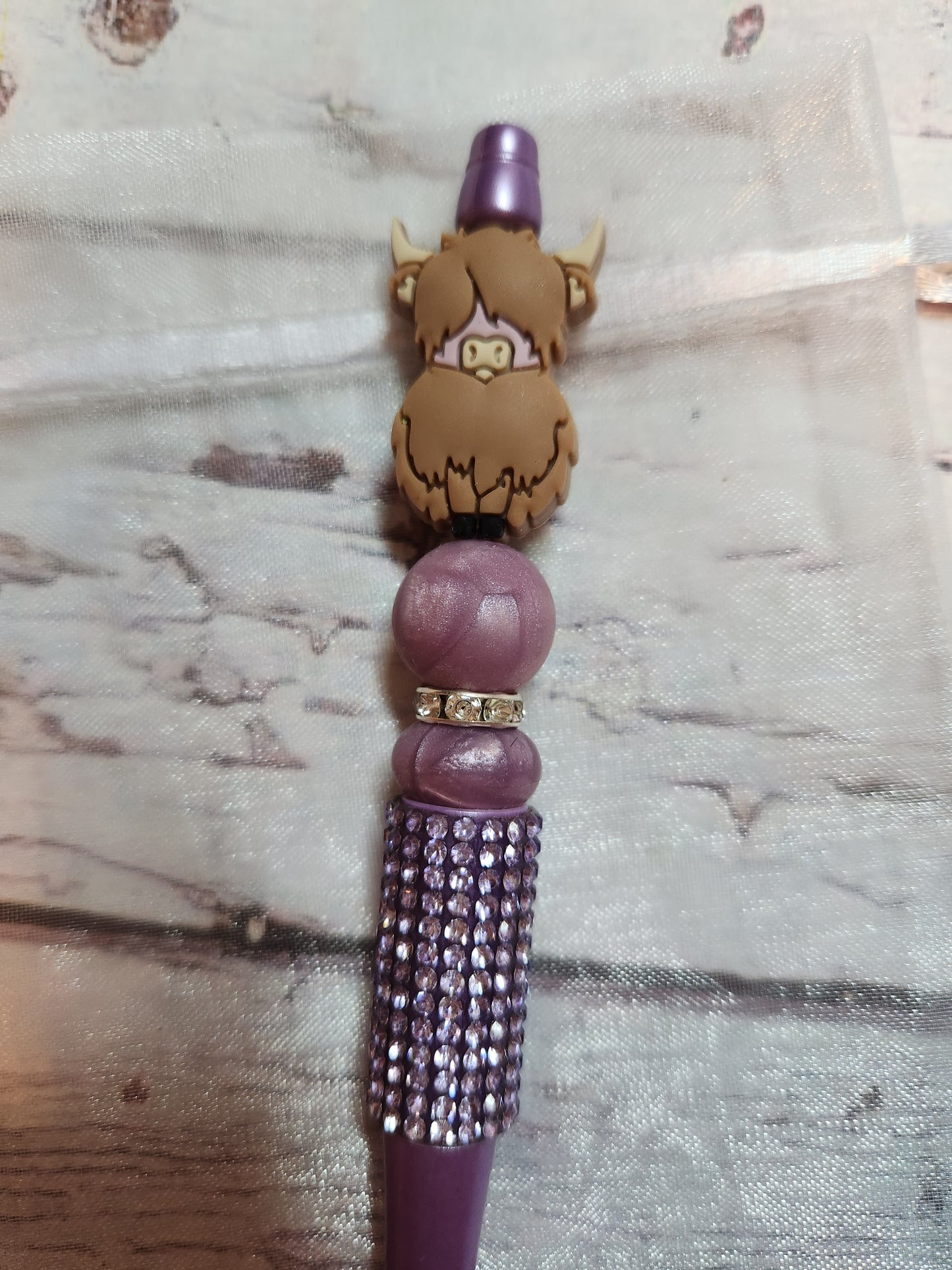 Beaded Pen: Cow (Lavender sparkle)