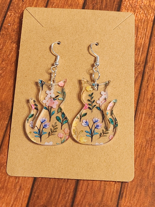 Earrings: Cats (Floral, Pink, violet and white)