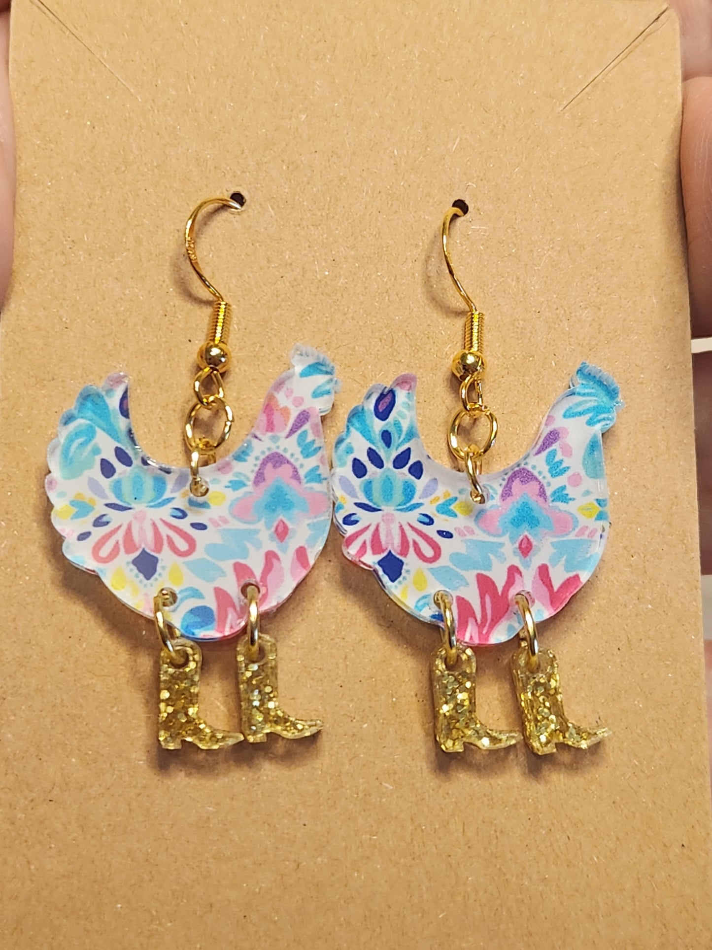 Earrings: Chicken with boots (pink, purple, blue)