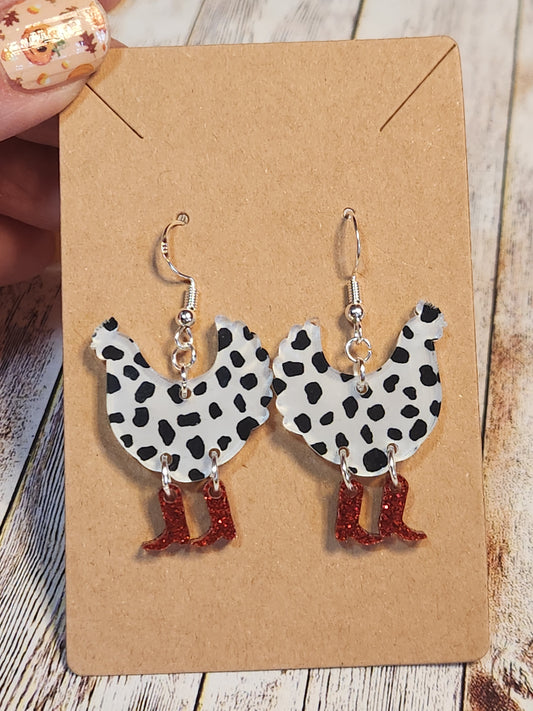 Earrings: Chickens (Cow print)