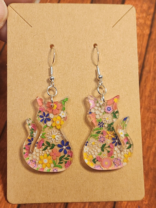 Earrings: Cats (Floral, white, pink,  purple,  white,  and yellow)